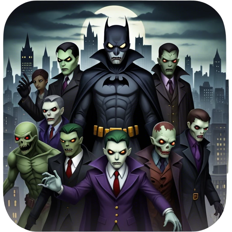 Icon for Thriller Movies: A large, dramatic collage featuring sinister villains and zombies in dark clothing. The background shows the gloomy cityscape of Gotham with dim lighting and eerie shadows. The atmosphere should be tense, mysterious, and suspenseful. Transparent background. emoji