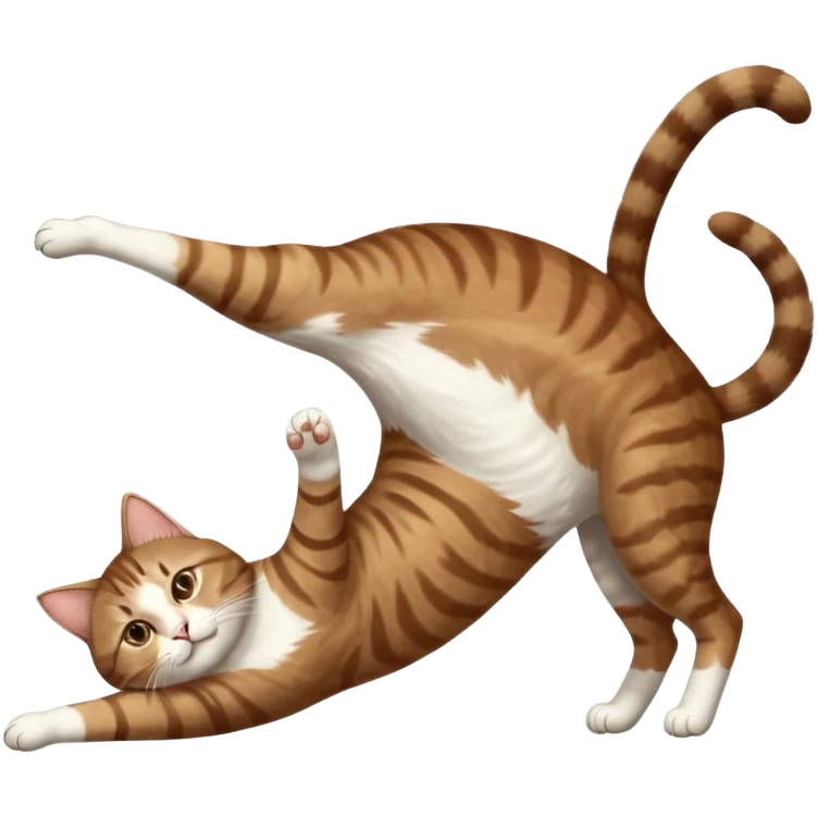 brown tabby and white cat with doing a big extremely long stretch reaching up into the air with arms and legs side by side together straight and overextended whilst lying on its side emoji