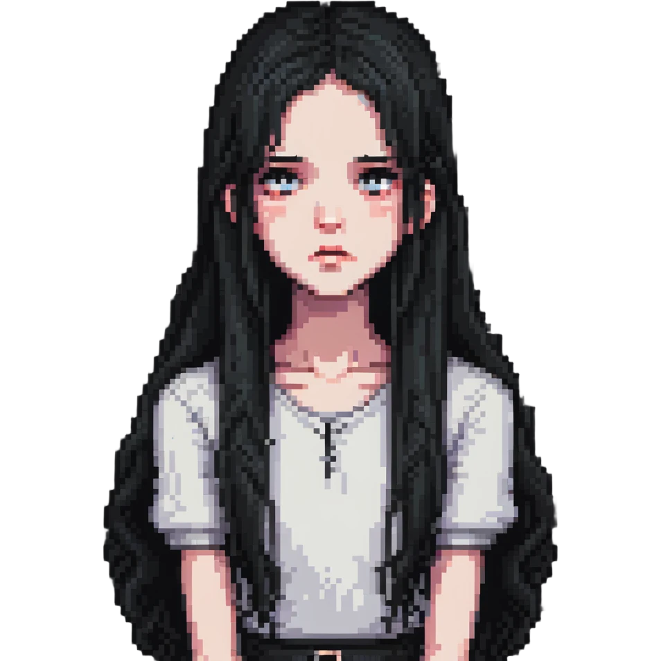pale girl with long black hair, sad expression emoji