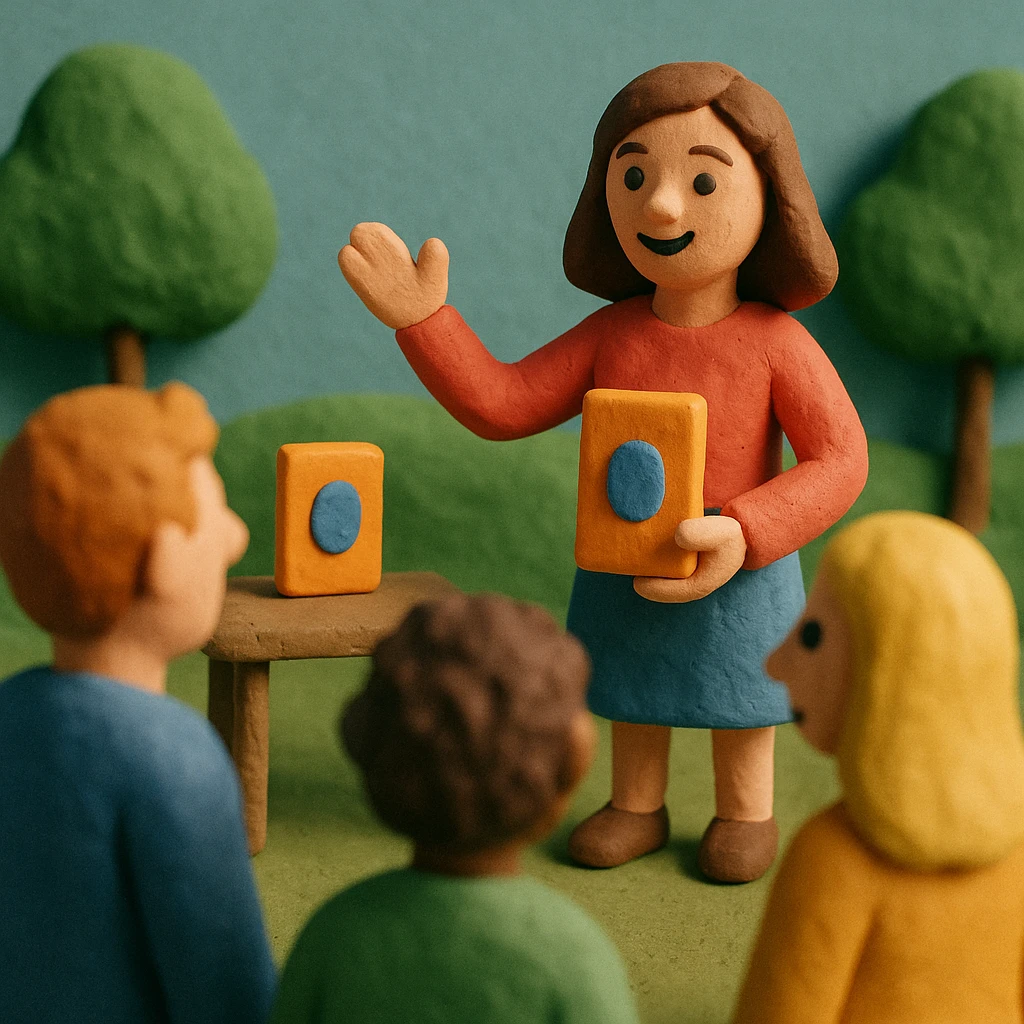 woman promoting a product to customers outdoors emoji
