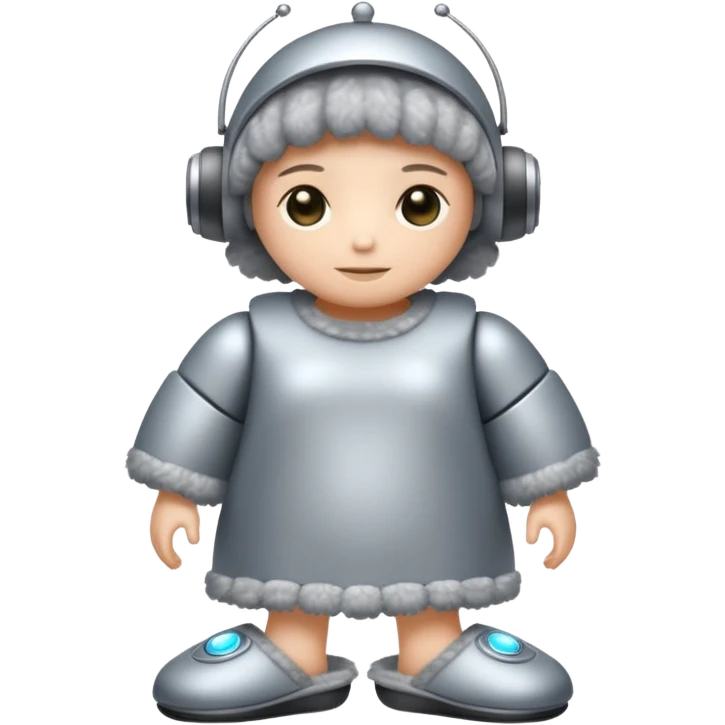 an AI robot, glowing, frumpy, muumuu, slippers emoji
