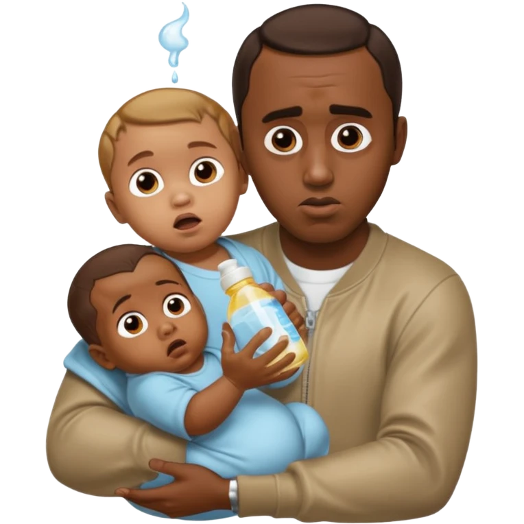 Sean “Diddy” Combs with baby oil and a very small infant and he’s pouring the baby oil on the baby and they have a scared face they’re really scared emoji
