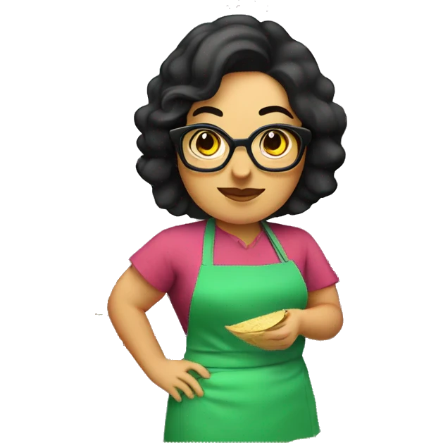 chubby lady with black hair green apron  with glasses cooking tacos emoji