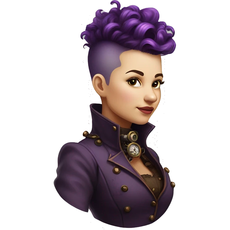 steampunk profile short mohawk purple Victorian wavy  on Caucasian girl with small nose round fat face emoji