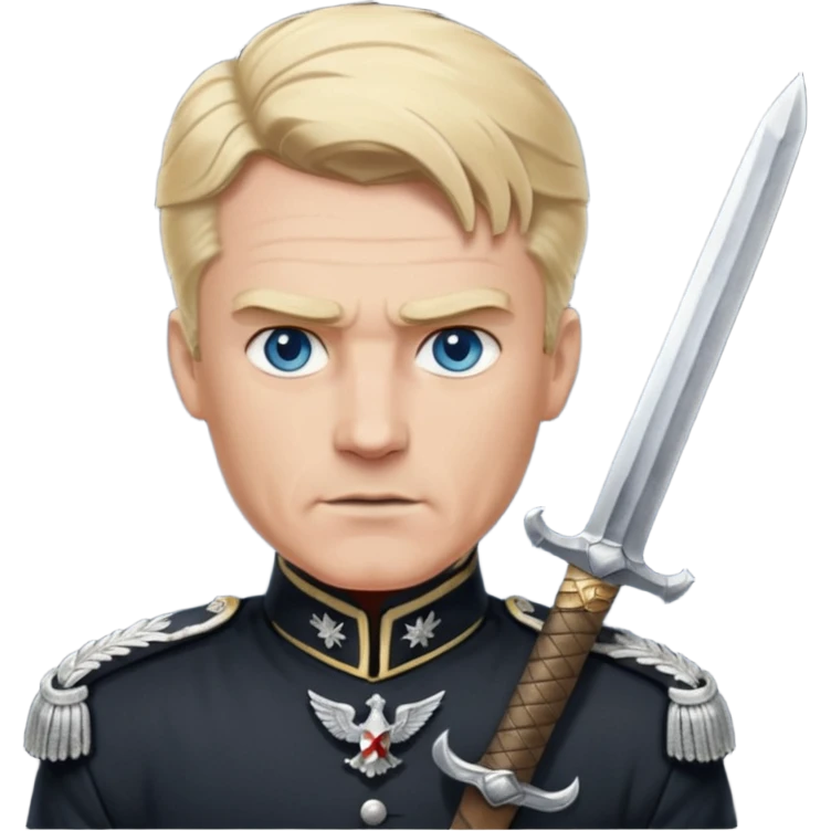 Salutierender 2. Weltkriegsgeneral von hohem Rang und hohem Ansehen, mit harter wettergegärbter Haut, blond und blauäugig, gross, muskelbepackt mit Schwarzer Uniformit weißen Abzeichen und einem riesigen Schwert zum Angriff bereit 
 emoji