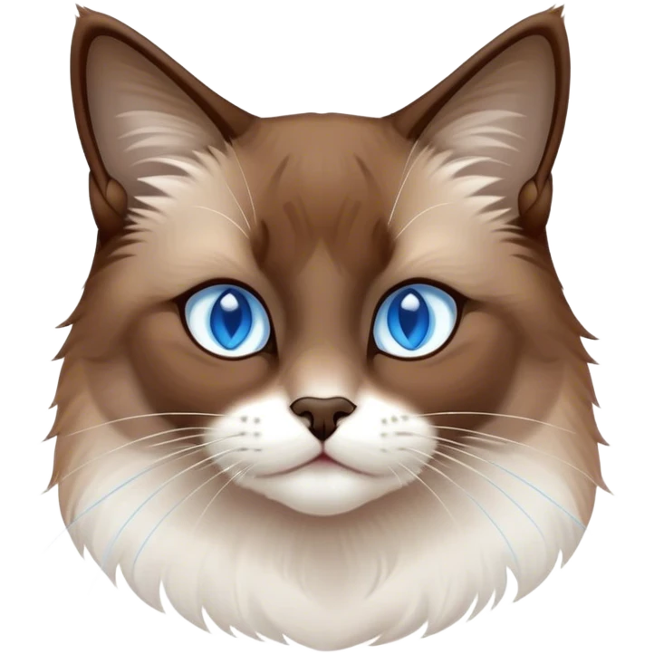 Cinematic Noble Brown Mantle Snowshoe Cat Portrait Emoji, Poised and regal, with sleek brown fur draping elegantly over its back like a mantle, contrasted by a crisp white chest, paws, and facial markings, piercing icy-blue eyes, Simplified yet sharp and sophisticated features, highly detailed, glowing with a soft, dignified glow, high shine, intelligent and graceful, stylized with an air of elegance, focused and attentive, soft glowing outline, capturing the essence of a watchful and refined feline, so majestic it feels as though it could glide across the screen with effortless confidence! emoji