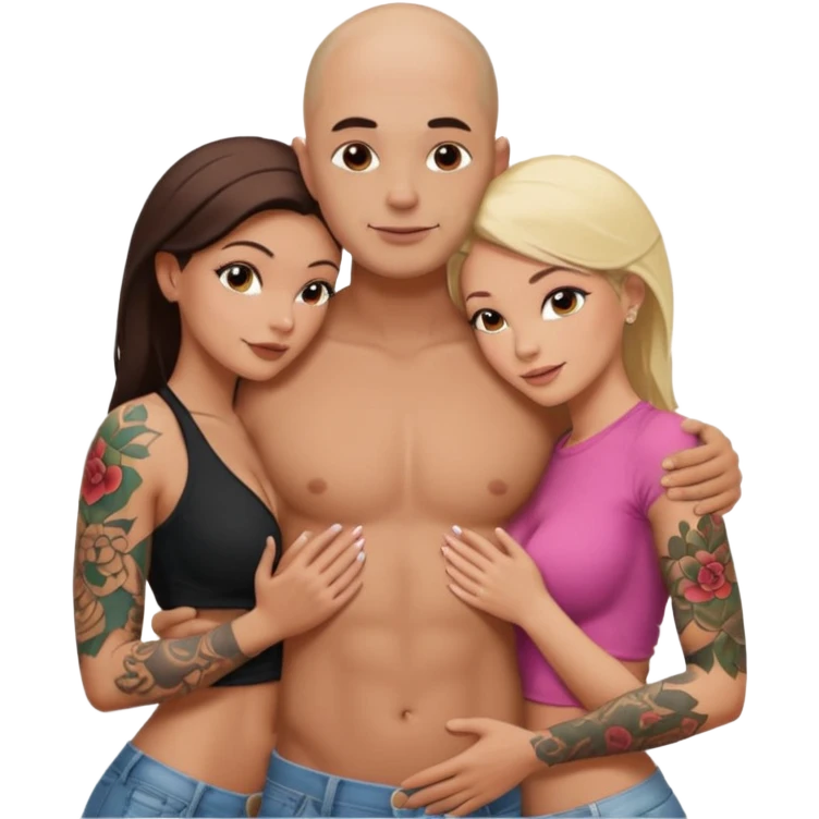 throuple tattooed sleeves bbald male with topless naked big boobed brunette and topless naked big boobed blonde girlfriends  loving  and sexy polygamy naughty  emoji