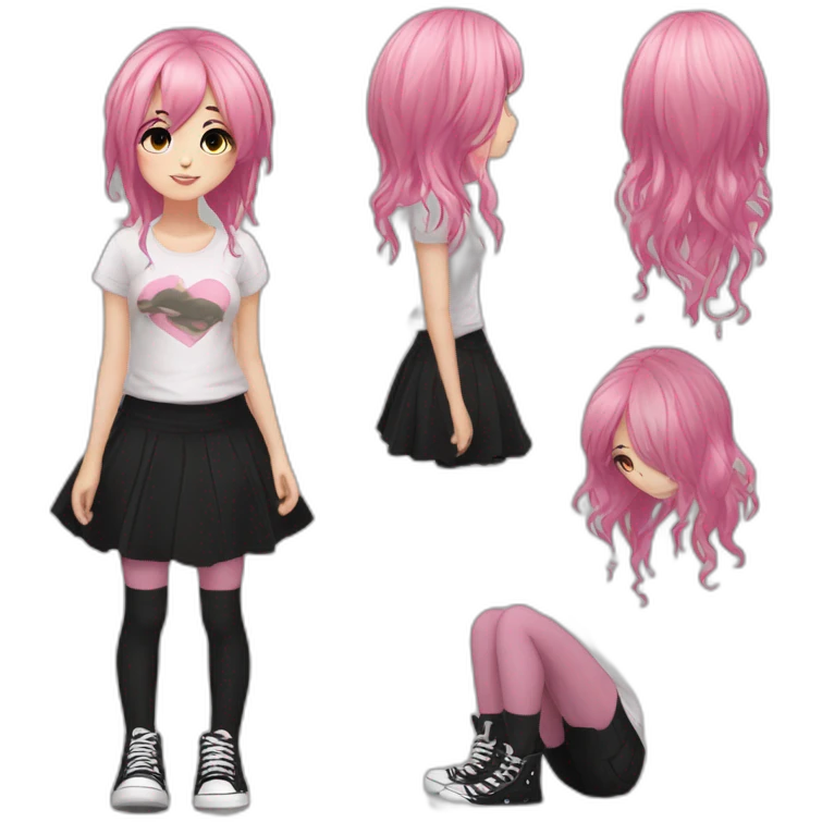 Full body Front view curvy emo girl pink hair sits on the floor straight view hands up black skirt полосатые рваные чулки emoji