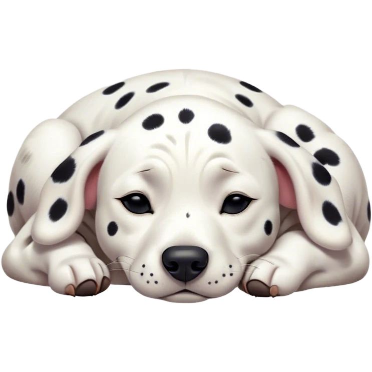 Cinematic Meme-Worthy cute Sleeping Dalmatian Portrait Emoji, Head resting peacefully with a contented smile, showcasing a delightfully cute build and a luxuriously soft white coat with bold black spots, eyes shut in a serene nap, Simplified yet hilariously adorable features, highly detailed, glowing with a soft, drowsy light, high shine, relaxed and utterly lovable, stylized with an air of playful laziness, bright and heartwarming, soft glowing outline, capturing the essence of a comically sleepy Dalmatian, so meme-worthy it feels like it could instantly become the next viral sensation of adorable slumber! emoji
