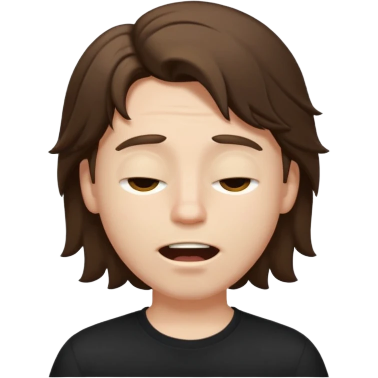 front emoji of a white boy with large brown hair, semi-closed eyes, wide open mouth, black shirt, expressive emoji style, focus on hair volume emoji