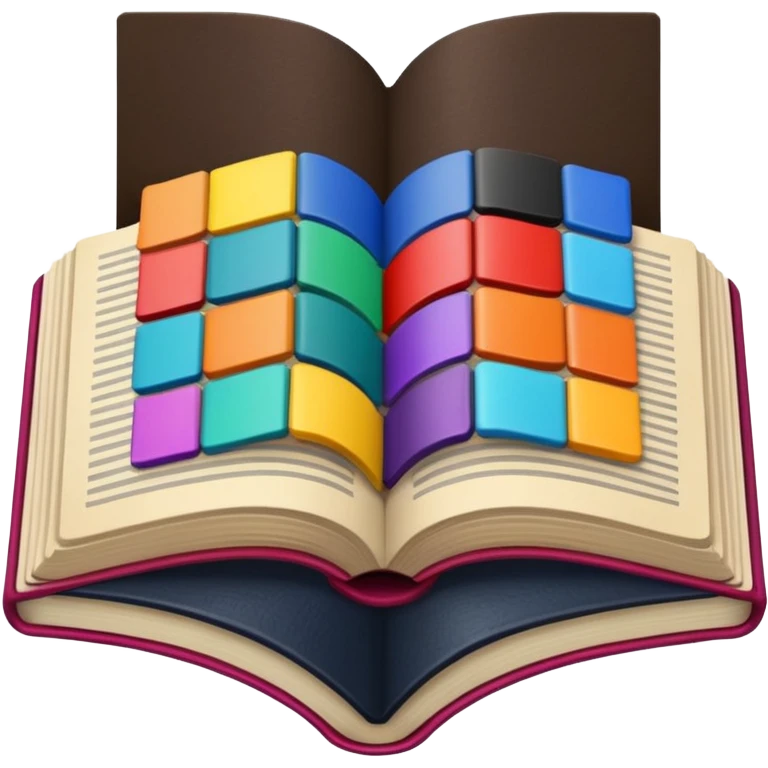 an open book with a dark cover and brightly colored tile samples emoji