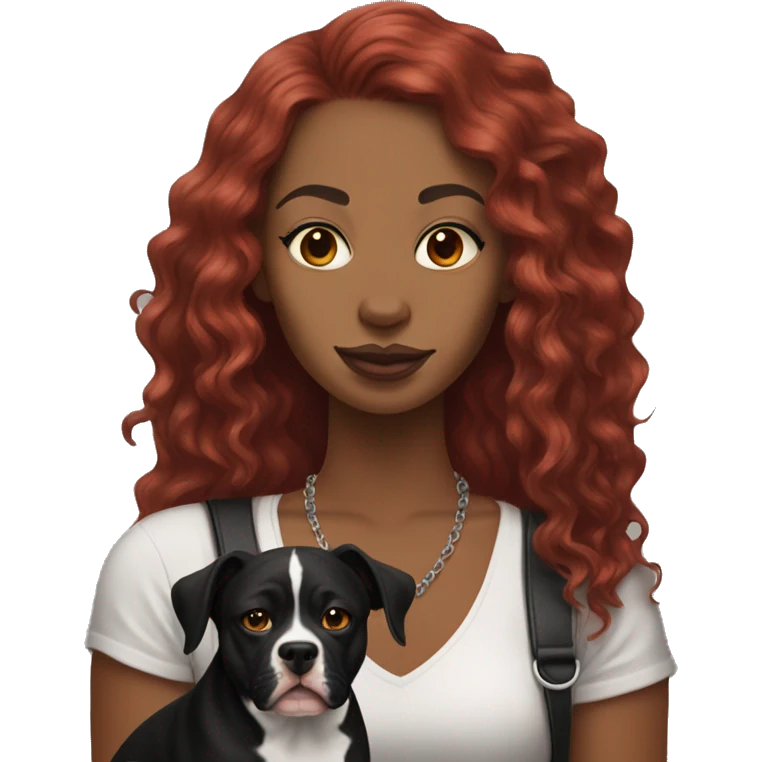Long Red haired woman with septum piercing holding black and white English Staffordshire dog emoji