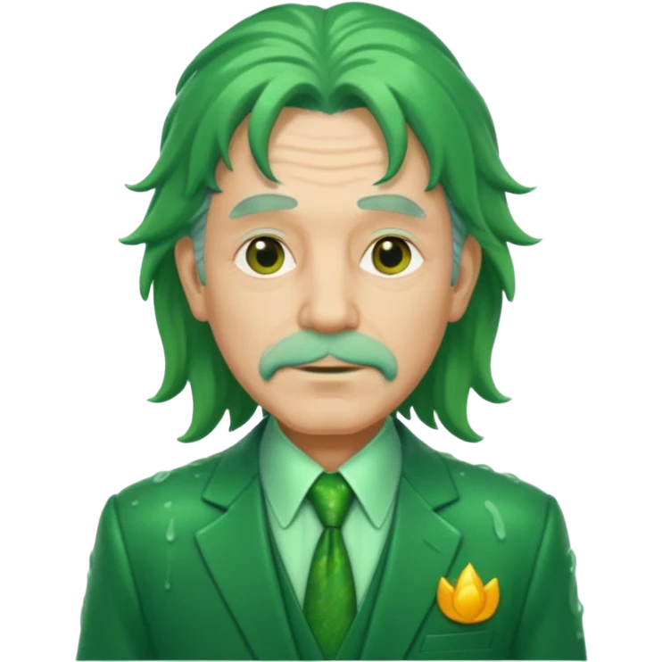 older man with long green hair in green suit looking wet emoji