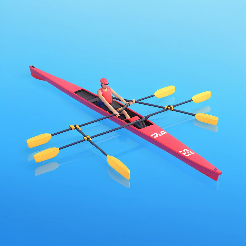top-down view of a professional racing single Olympic rowing boat with a rower, minimal sea effect underneath emoji