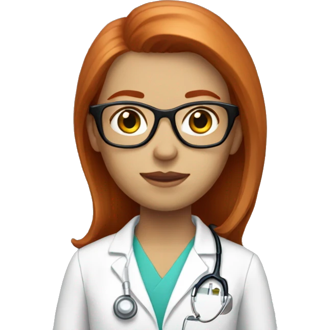 Redhead straight hair doctor with a translucid glasses emoji