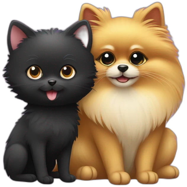 pomeranian, black cat and mouse hug emoji