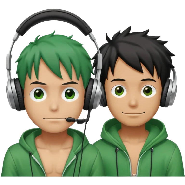 Green Luffy and green Alastor wearing headphones listening to music together emoji