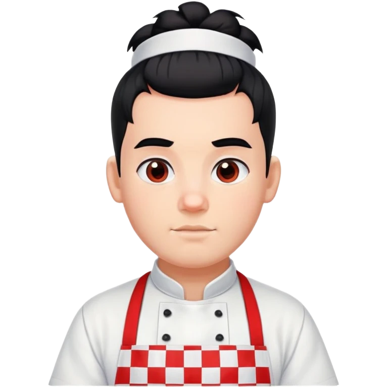big boy with black hair in a topknot, wearing a white apron with red squares pattern emoji
