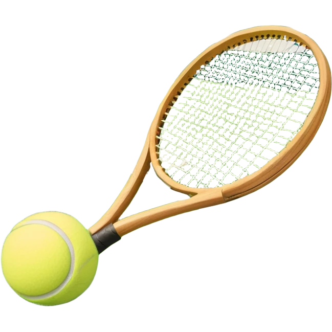A tennis racket resting on the green grass of a tennis court, with a tennis ball placed nearby and the net stretching across the court. The background captures the fresh, open atmosphere of a traditional grass court, emphasizing the elegance and precision of the sport. emoji
