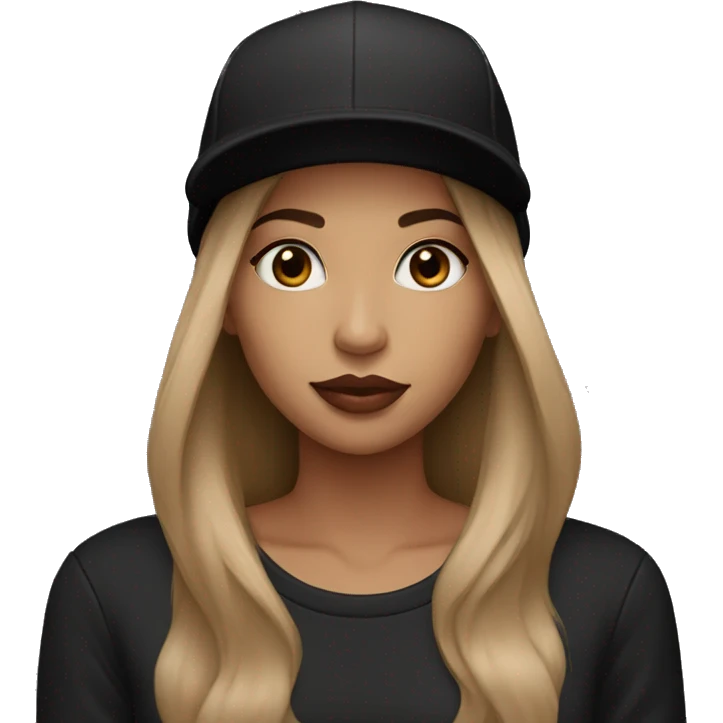 A beautiful woman wearing a black cap and black sweatshirt, big lips, brown straight long hair.  emoji