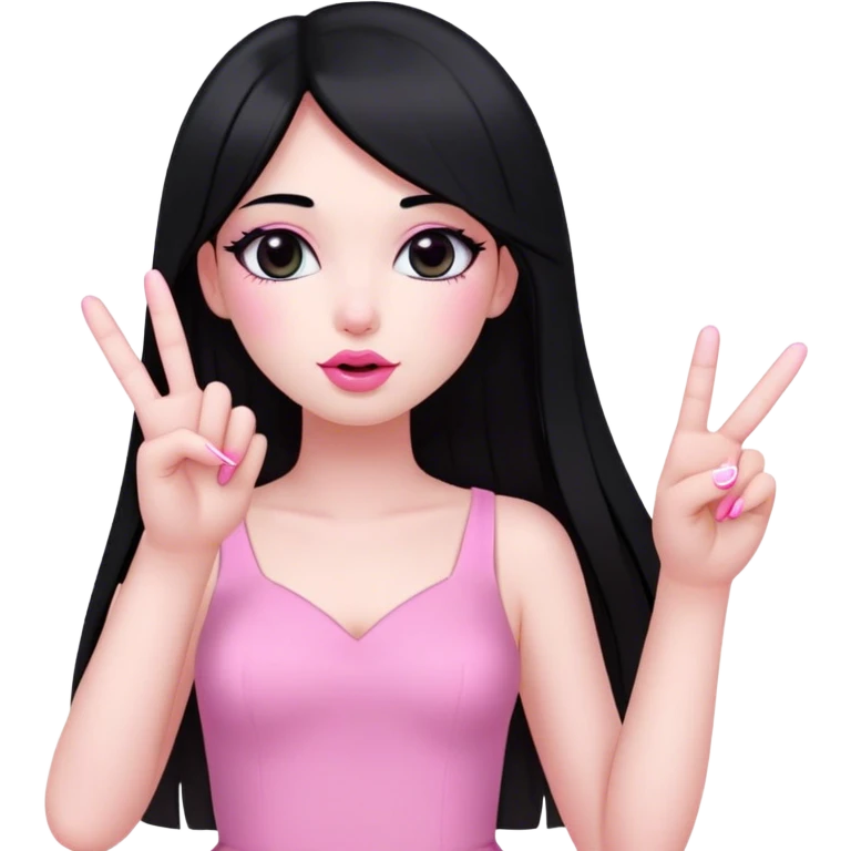 girl, black eyes, long straight black hair, white skin, pretty, with medium lashes, pink lips, little bit blush on her cheek, wearing a pink dress, and pink medium long nails, and gesturing peace fingers on her right hand emoji