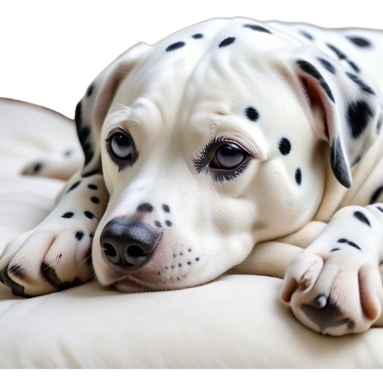 Cinematic Meme-Worthy Chubby Sleeping Dalmatian Portrait Emoji, Head resting peacefully with a contented smile, showcasing a delightfully chubby build and a luxuriously soft white coat with bold black spots, eyes shut in a serene nap, Simplified yet hilariously adorable features, highly detailed, glowing with a soft, drowsy light, high shine, relaxed and utterly lovable, stylized with an air of playful laziness, bright and heartwarming, soft glowing outline, capturing the essence of a comically sleepy Dalmatian, so meme-worthy it feels like it could instantly become the next viral sensation of adorable slumber! emoji