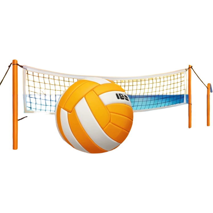 A volleyball resting on the yellow sand on a beach, with the net in the background and a scenic view of the ocean and sky. The scene captures the relaxed yet competitive vibe of beach volleyball, with warm sunlight and the natural beauty of the beach. emoji