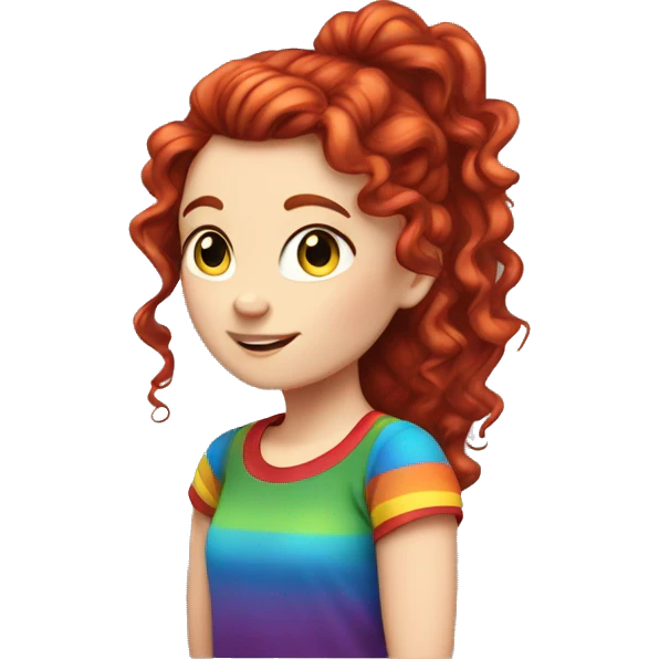 a white girl with long red curly hair in a pony tail with rainbow shirt being cute emoji