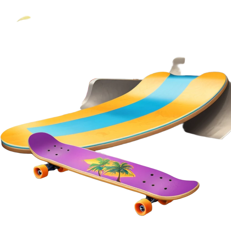 An icon featuring a skateboard resting on a smooth concrete surface. The background shows a sunny skate park with ramps, graffiti walls, and palm trees, creating an urban vibe. The skateboard is designed with vibrant colors and unique graphics. Transparent background  emoji
