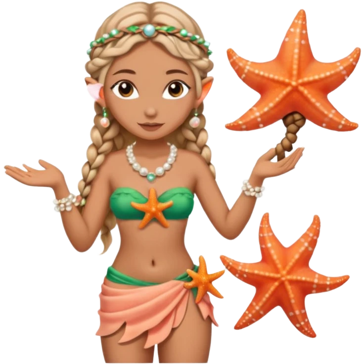 female elf in seashell bikini top, sarong skirt, braided hair with pearls. Holding starfish emoji