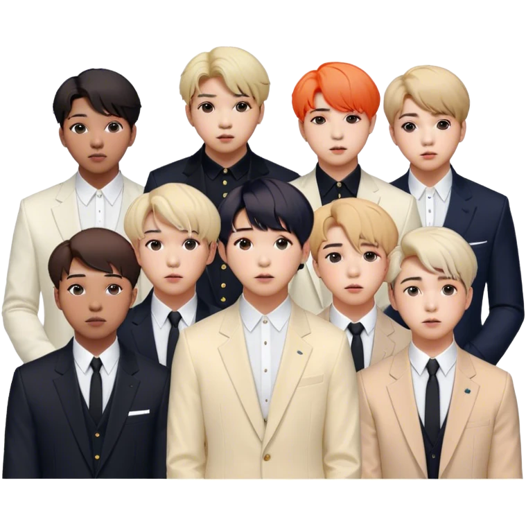 Cinematic Realistic group portrait of BTS featuring all 7 members in stylish modern attire, with detailed facial expressions and vibrant colors, captured in dynamic, contemporary lighting that emphasizes their global pop icon status emoji