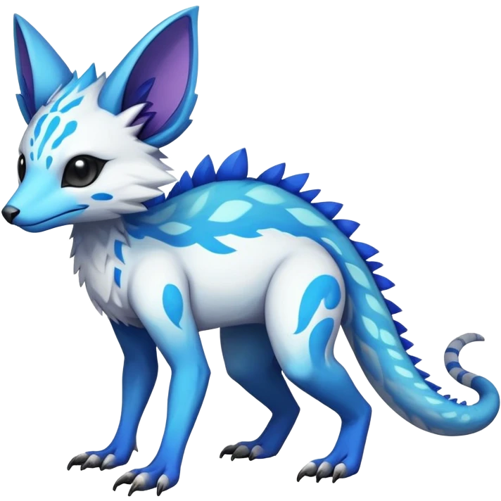 Rare realistic exotic edgy white and neon-blue epic pretty beautiful handsome gorgeous aesthetic colorful vibrant Vernid-Trico-species-Fakemon-creature by LiLaiRa, 4 legs, 1 tail, random markings, (full body) emoji