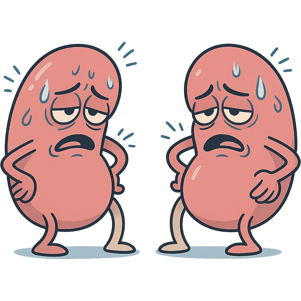 cartoon kidneys with stress lines and sweat, holding their sides, tired eyes, soft blue and pink tones, medical style emoji