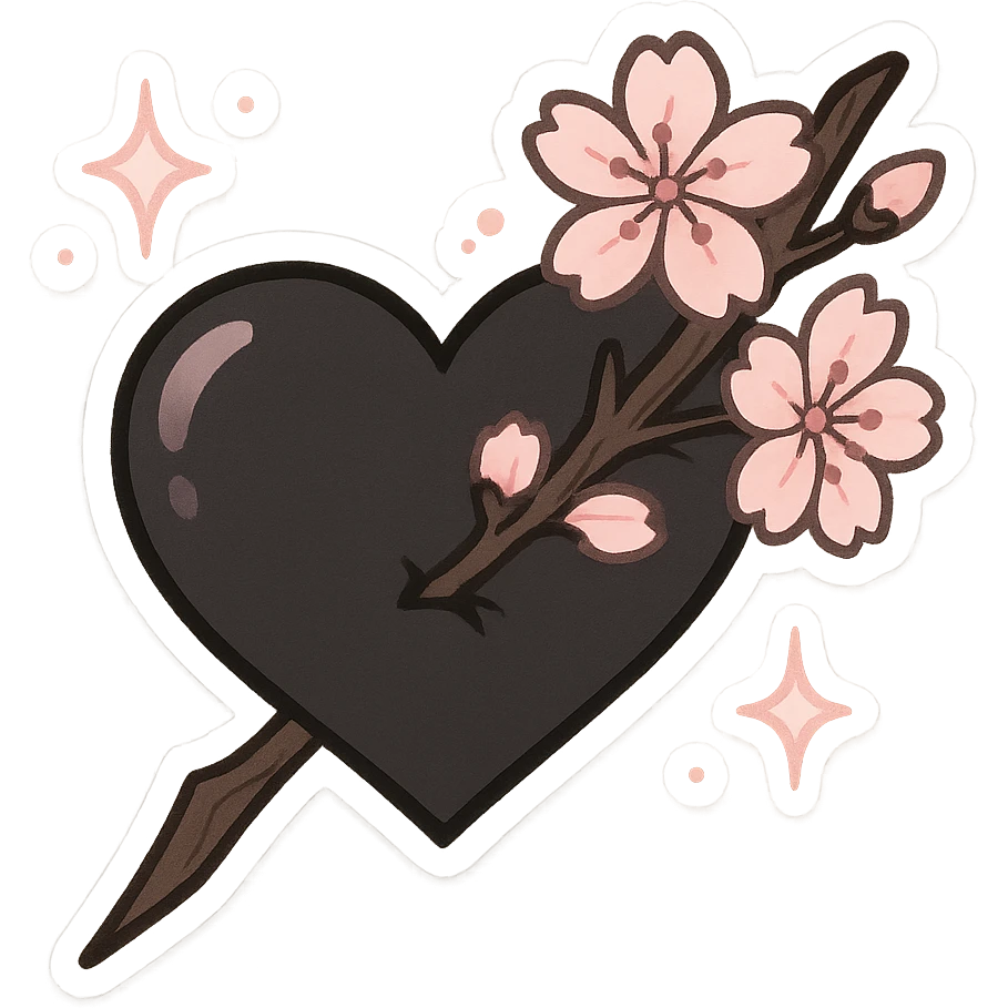 goth sakura heart, heart pierced by sakura branch, black and pink, magical sparkles emoji