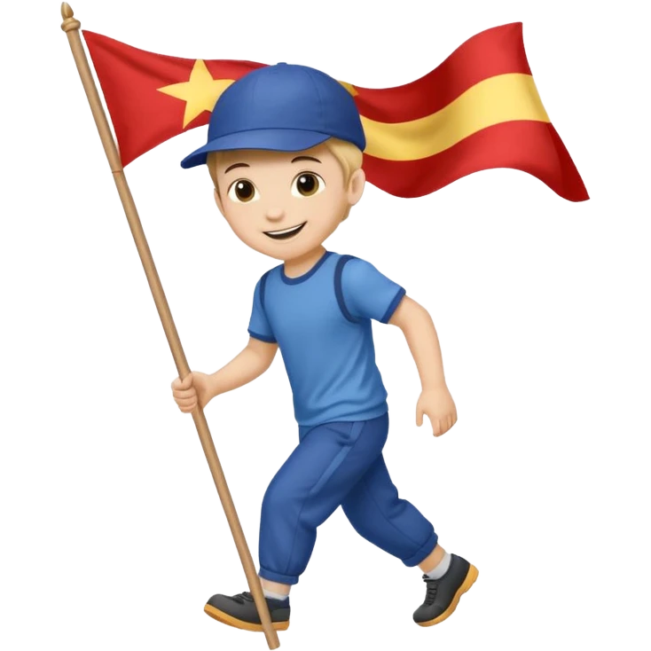 A small boy in a cap, smiling brightly while dragging a flag slightly bigger than him. emoji