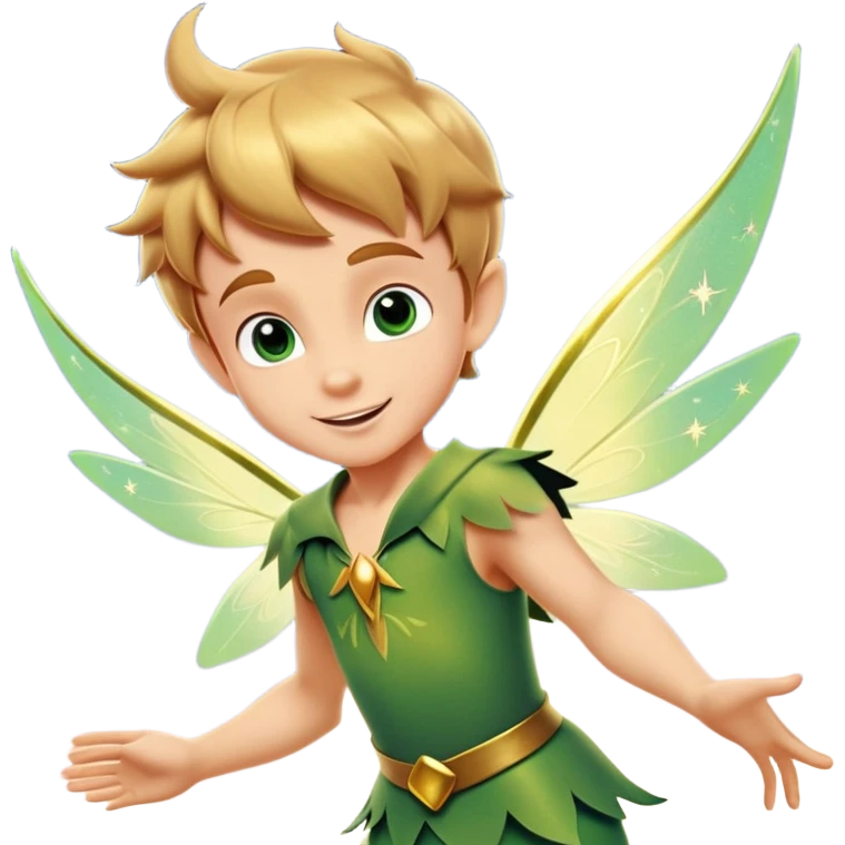 cinematic-realistic-peter-pan-portrait, head tilted dramatically with an exaggeratedly amused expression and sparkling eyes brimming with playful mischief, his iconic outfit rendered in vivid detail with dynamic shadows, soaring through the air accompanied by a glowing Tinker Bell, whose delicate wings leave a trail of shimmering pixie dust across a whimsical sky. emoji