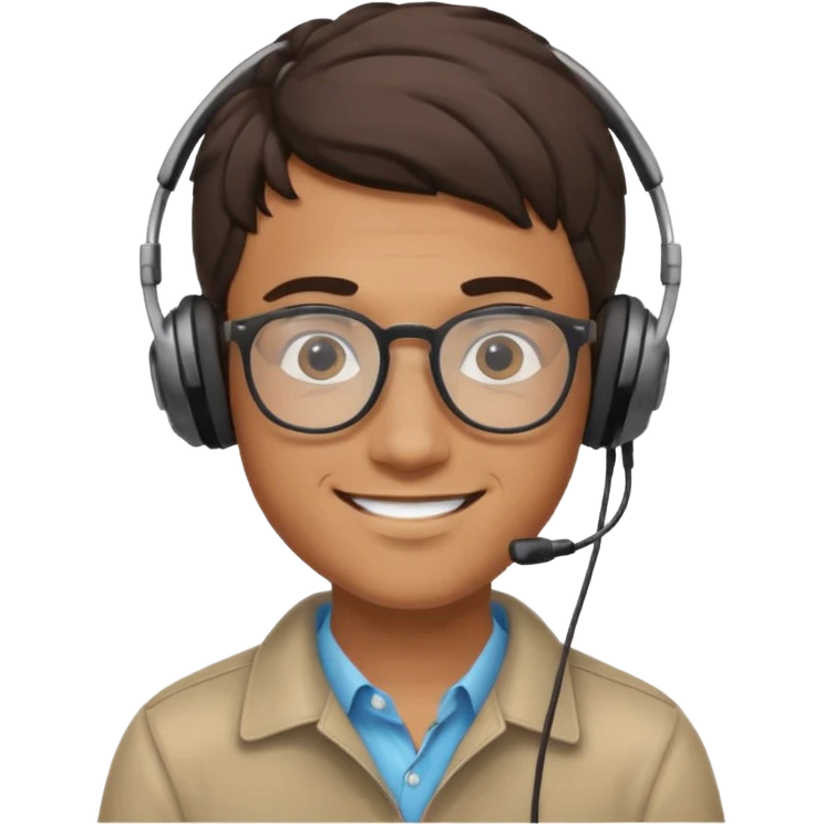 young Italian man, glasses, small headphones, smiling, focused on data analysis, intelligent vibe emoji