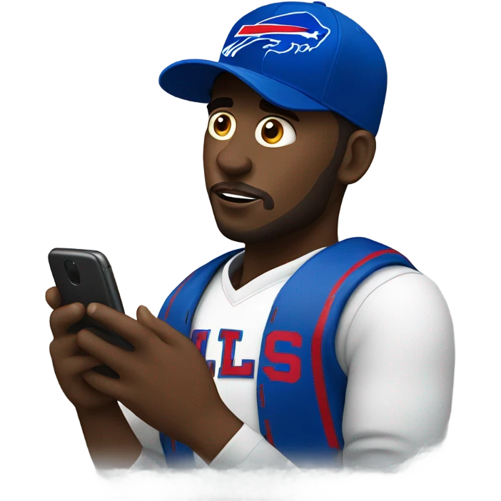 Black man with a buffalo bills hat on staring at his phone emoji