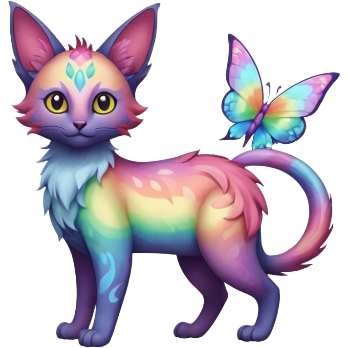 White pastel iridescent rainbow-gradients-color-marked with swirly patterns butterflies  faerie-Noivern-Noibat-Purloin-Torracat-Lykoi-Caracal-cat-Fakemon-fusion-hybrid-creature emoji