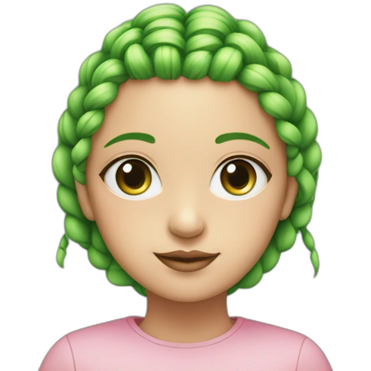 A girl with 3 green and pink braids and green eye with one blockchain dot under each eye emoji