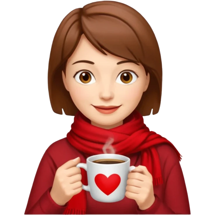 a middle age woman with brown short hair, having red scarf, drink coffee, enjoy emoji