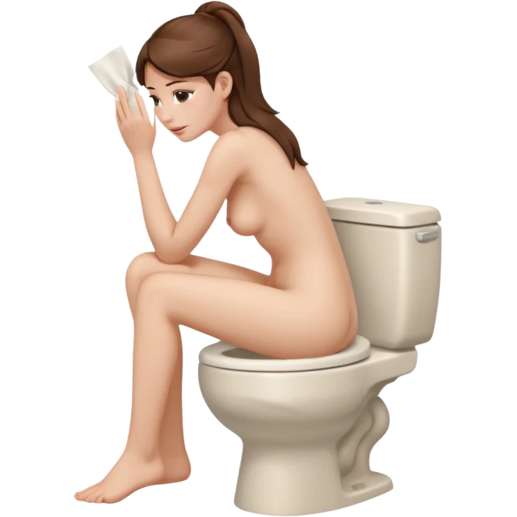 A woman is sitting on the toilet, she sits with her bare ass on the toilet. She is wiping her ass emoji