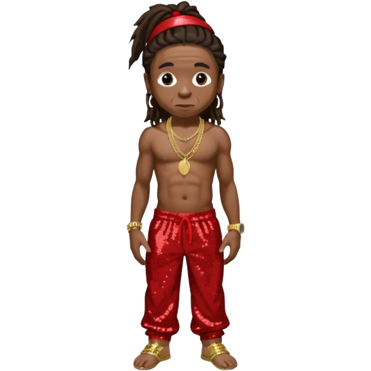 Lil Wayne with long dark brown hair, red sequin baggy pants, shirtless with necklace emoji