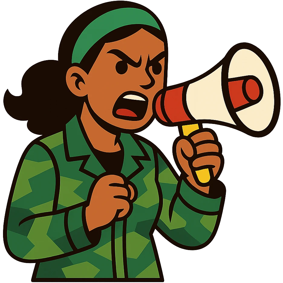 woman with green headband, camo jacket, holding a megaphone, angry expression emoji