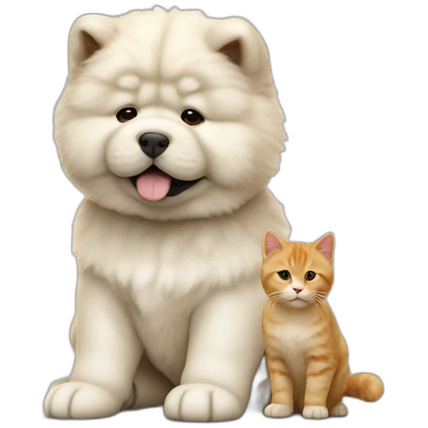 Cute white chow chow puppy sitting with ginger cat realistic 4k 16k emoji