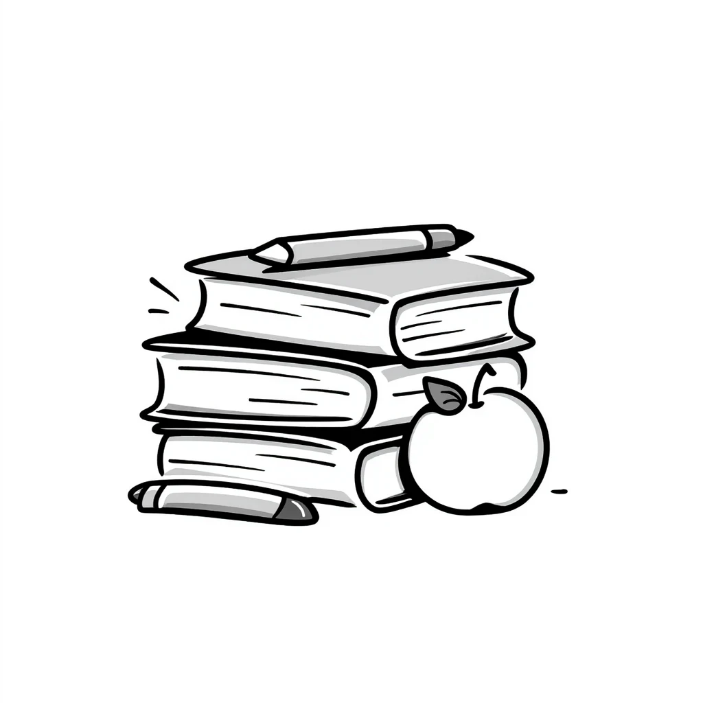 Stack of textbooks with pencil and apple emoji