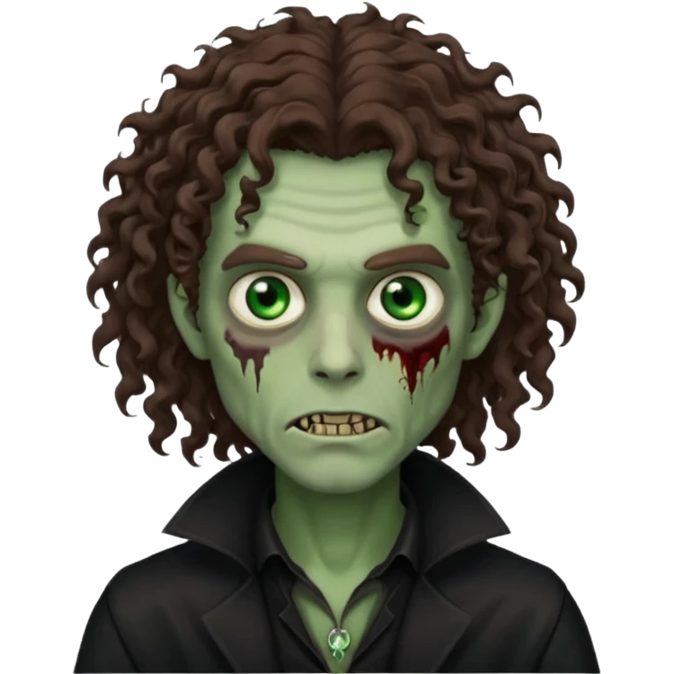 long curly haired male zombie with brown hair color and green eye color, with dark vampire clothes emoji