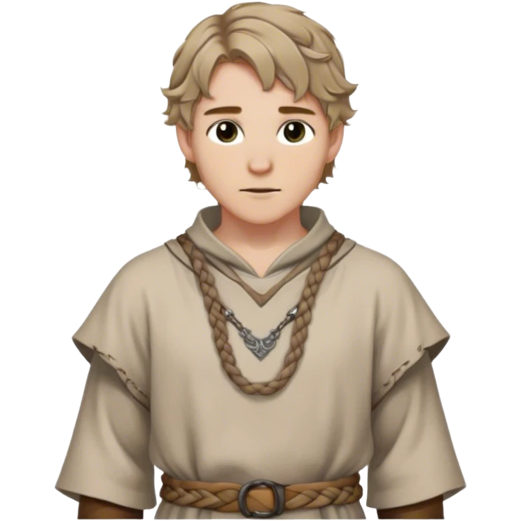 medieval spring outfit worn by a DnD themed fantasy male character. soft wool tunic with a loose collar and a simple braided cord belt. clothes only above the waist. The clothes full waist. The character's haven't arms. character is white-skinned, dark blonde hair, gray eyes, short wavy hair. emoji