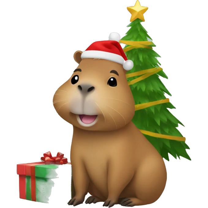 A capybara holding a Christmas tree emoji