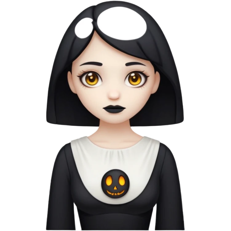 Stylized cult cartoon girl emoji, eerie-cute aesthetic, symmetrical design, subtle spooky vibe, glowing eyes, saying “AMILK”, bold graphic icon emoji